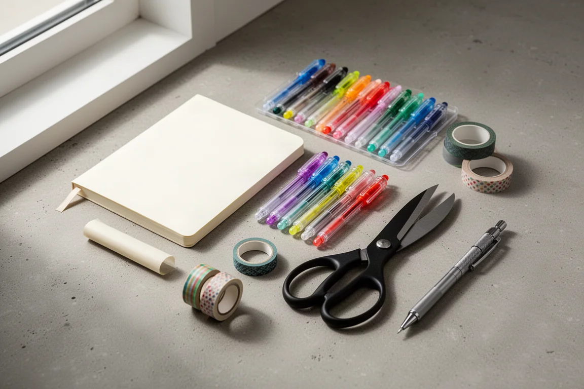 Flat-lay of sketchbooks, gel pens, scissors, and washi tape on a concrete surface