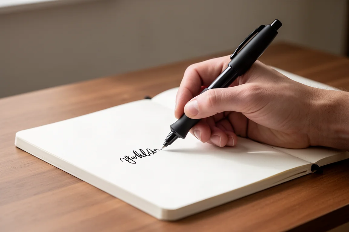 Une main écrivant avec fluidité avec un gros stylo gel sur une page de carnet propre