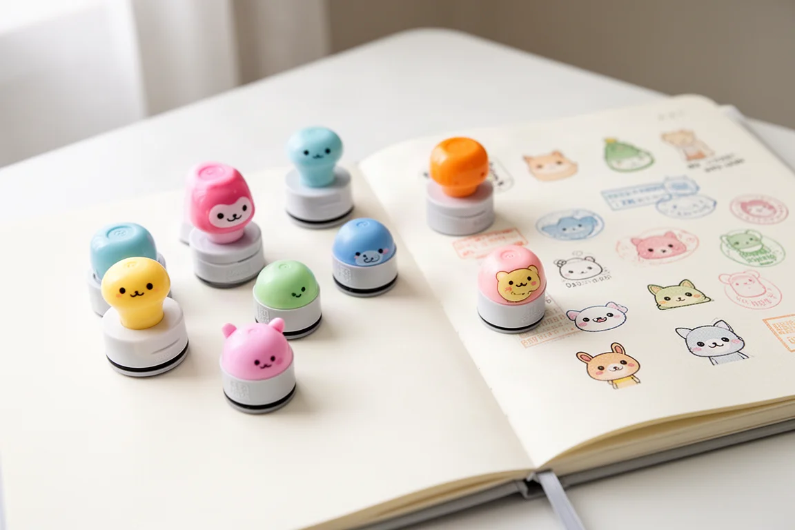 Tampons décoratifs à l'effigie de personnages disposés sur un bureau lumineux à côté d'un carnet