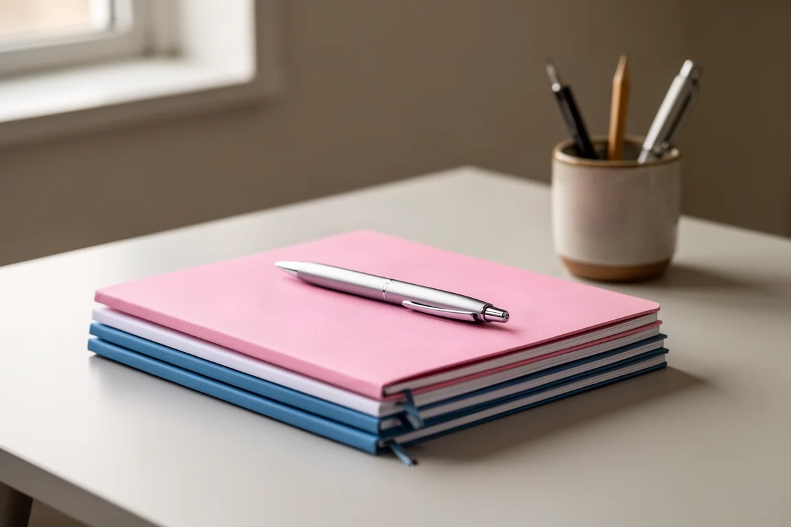 Pile de carnets soigneusement rangée avec des stylos sur un bureau d'étude bien organisé