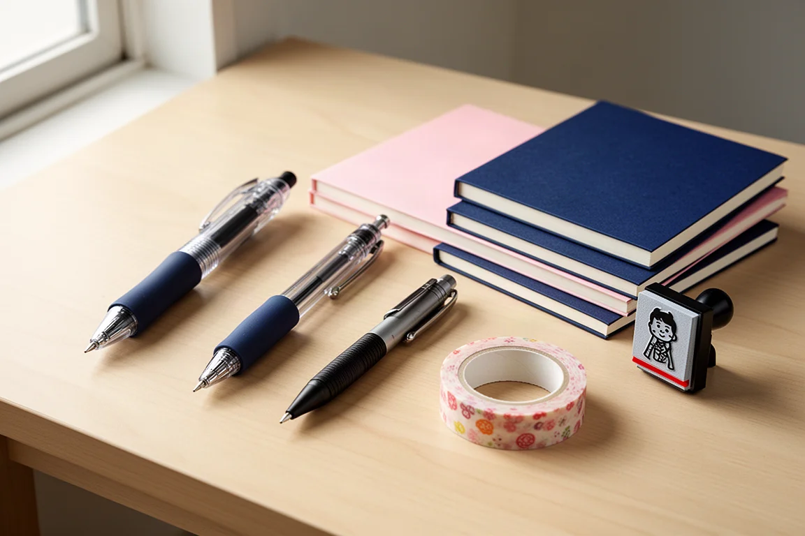 Flat lay of Japanese stationery including pens, notebooks, washi tape, and a stamp on a wooden desk
