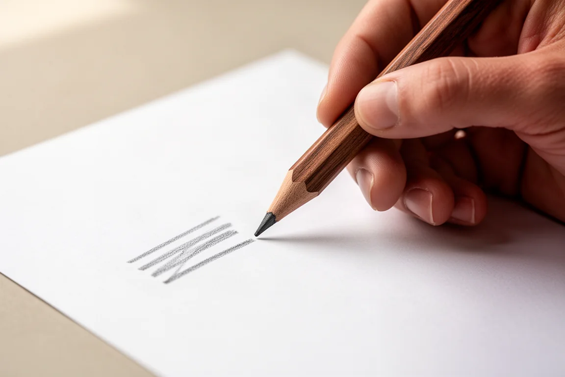 Brauner, holzfarbener Stift, mit dem auf weißem Papier geschrieben wird