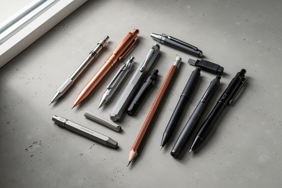 Composizione flat-lay di nove penne e matite disposte su una superficie di cemento opaco
