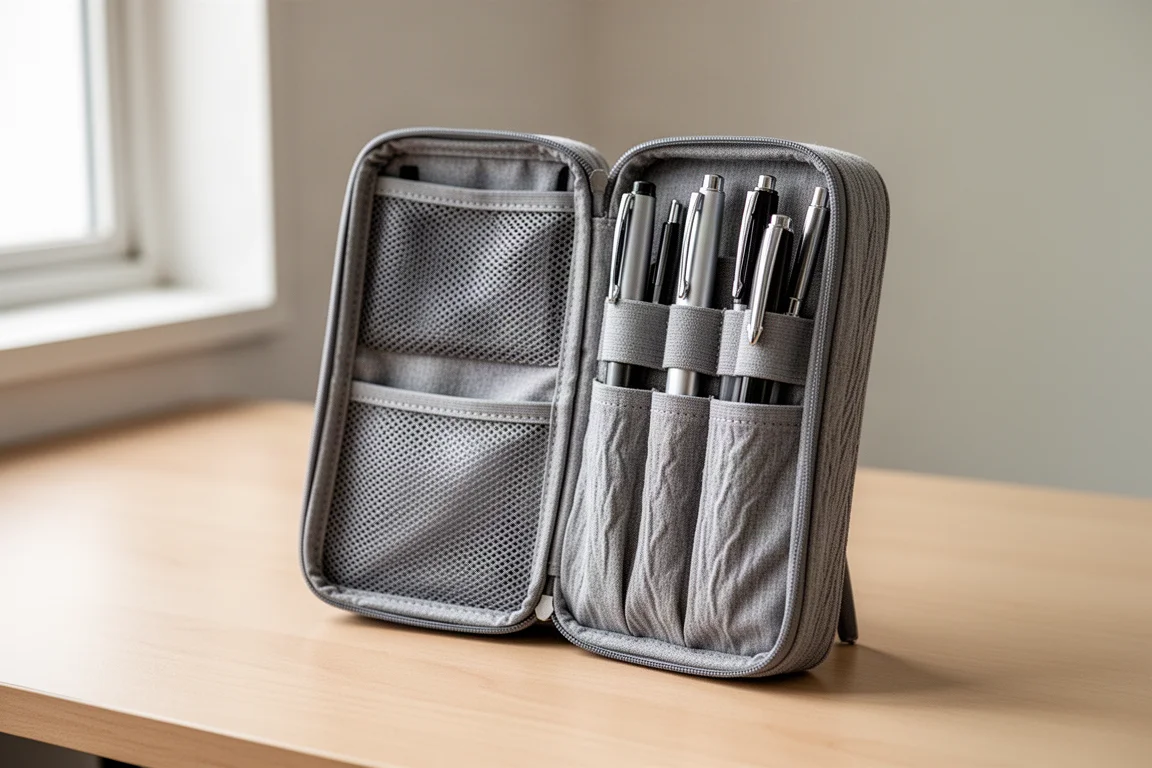 Trousse ouverte à double compartiment montrant des poches en filet et des porte-stylos