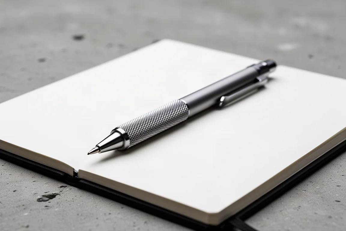 Porte-mine au grip métallique moleté posé sur un carnet de dessin technique