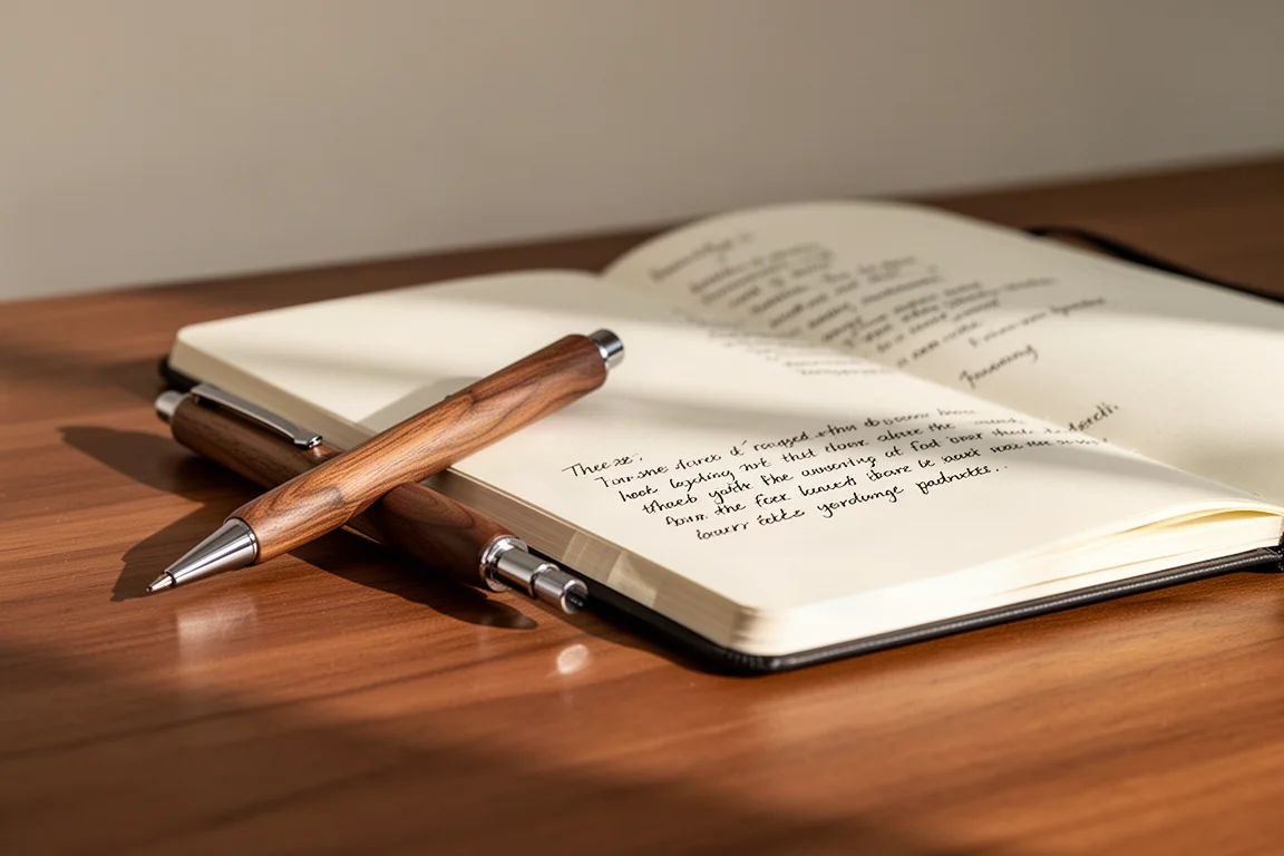 Porte-mine en bois de noyer à côté d'une page de carnet manuscrite