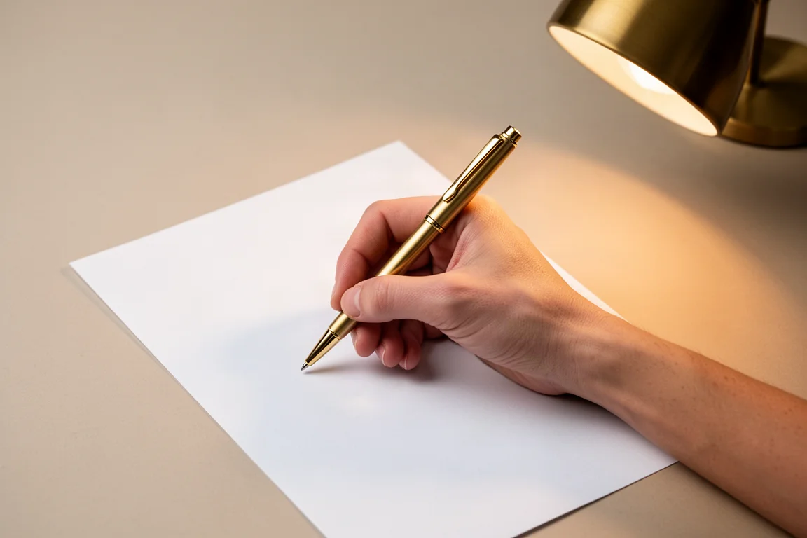 Écriture avec un stylo bille en laiton sur du papier sous une lumière de bureau chaleureuse
