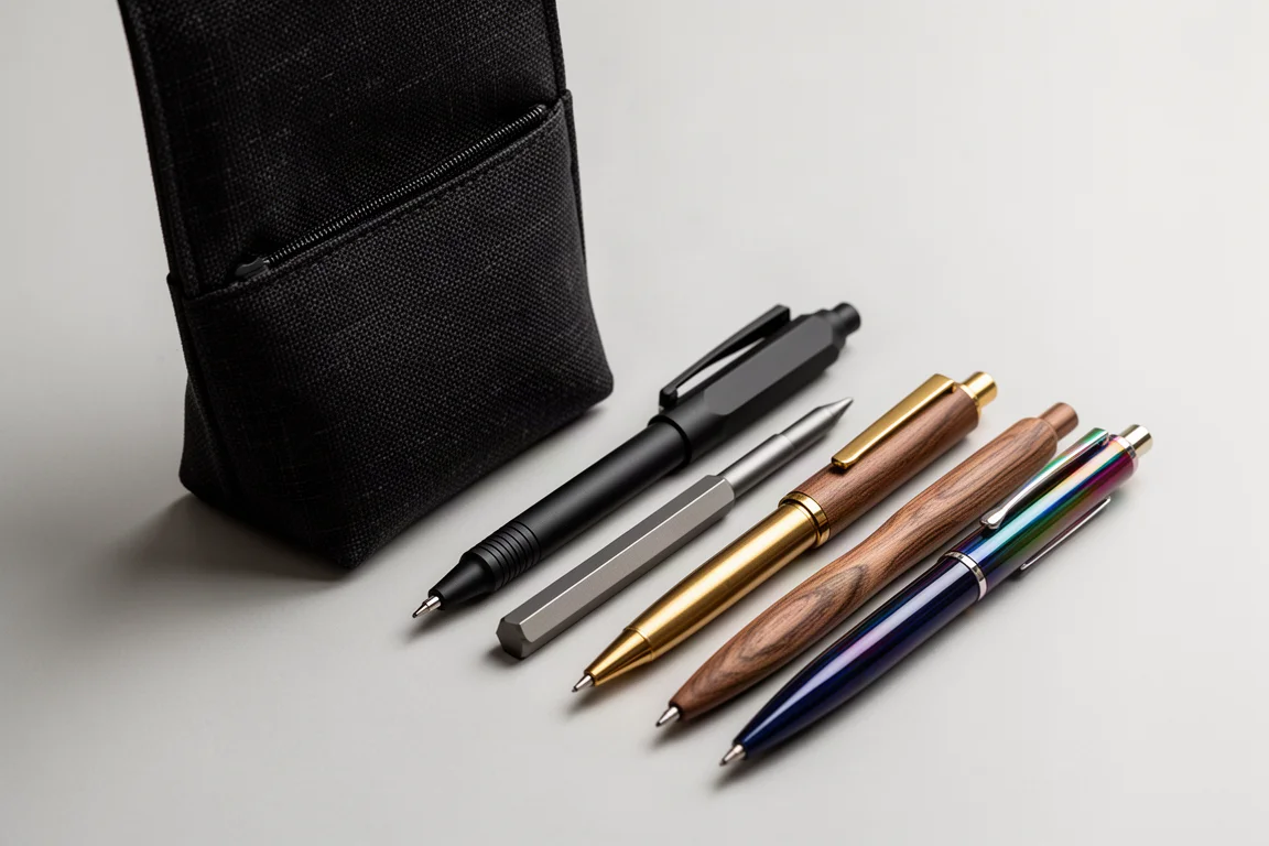 Assortment of pens, a mechanical pencil, and a fabric pen case arranged on a grey surface