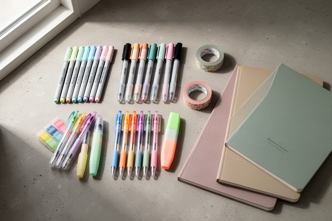 Flat-Lay mit pastelligen Stiften, Brush Pens, Gel Pens, Washi Tape, Textmarkern und Punktraster-Journals auf einem Schreibtisch