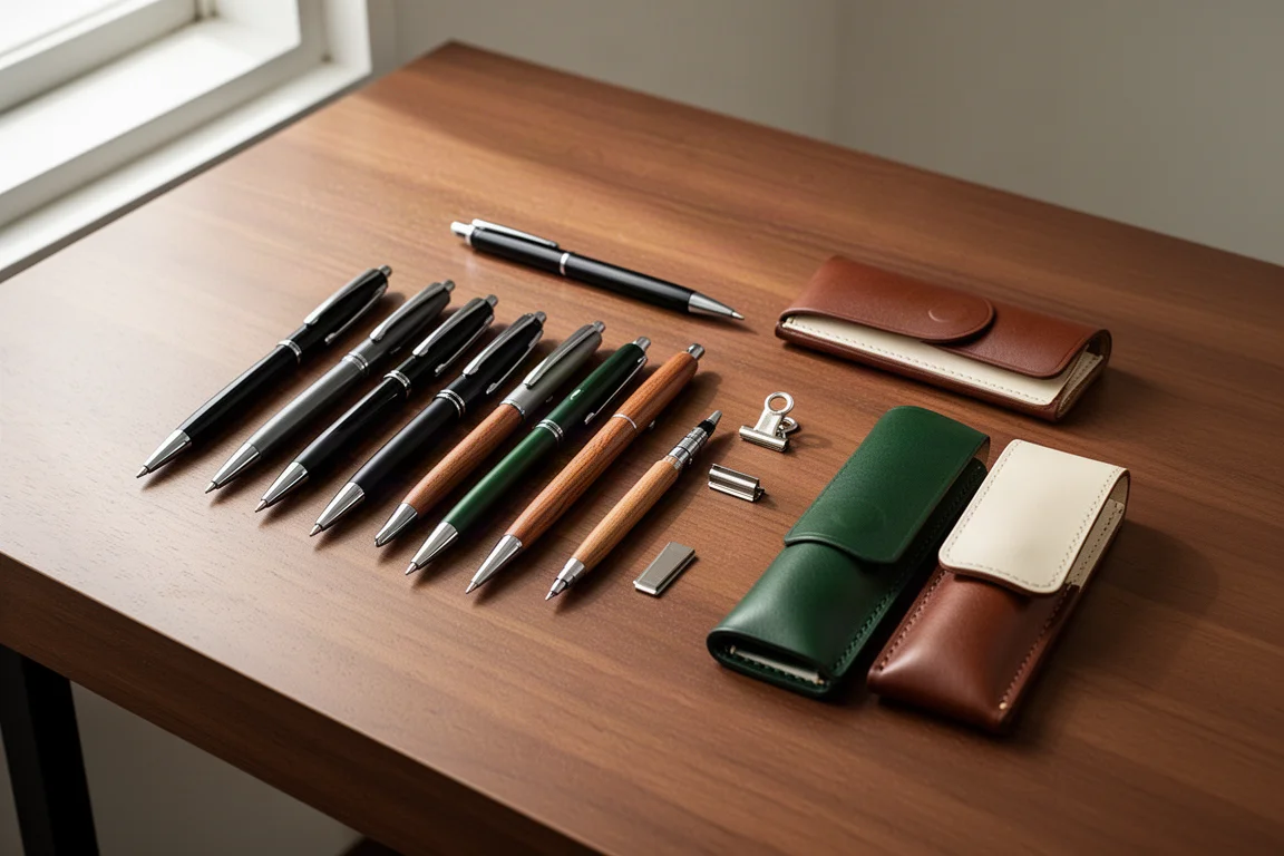 Ten stationery items including pens, a mechanical pencil, clips and leather pen cases arranged on a wooden desk