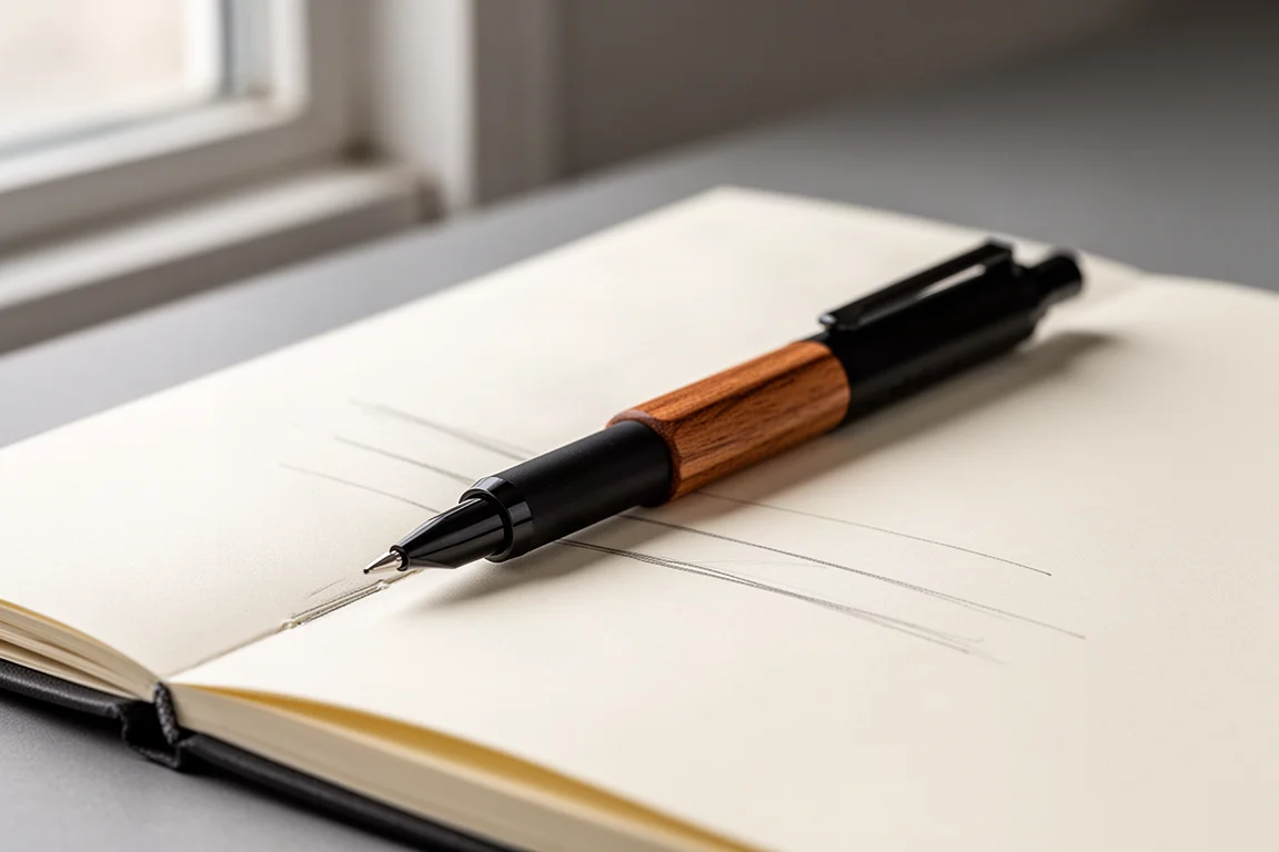 Mechanical pencil with wooden grip resting on a notebook page