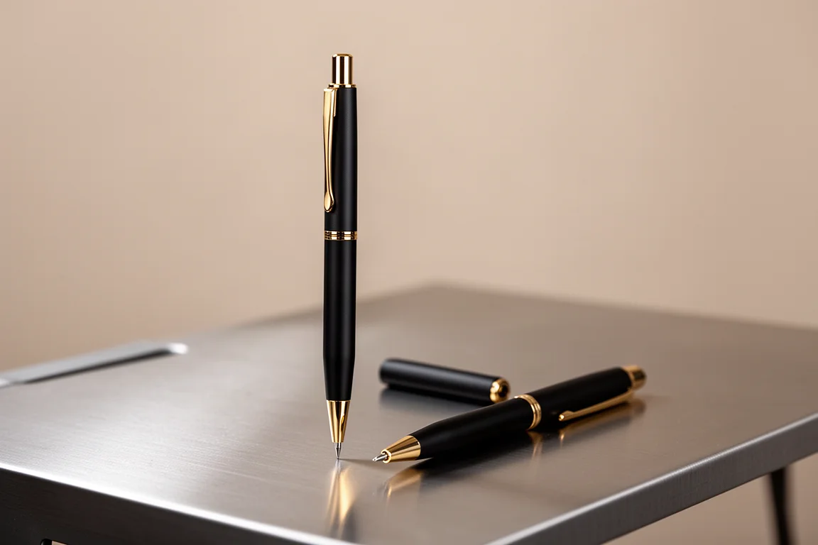 Slim black and gold mechanical pencil beside a black pen on a desk