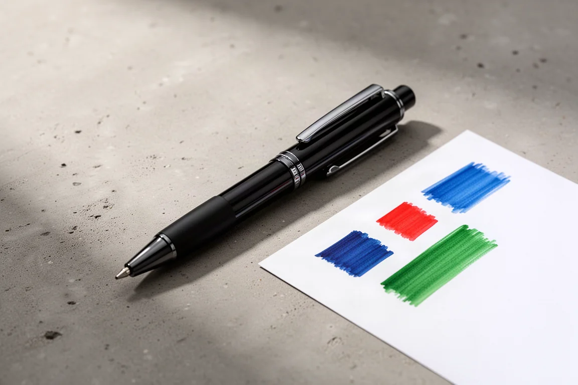 Glossy multi-pen with four colored ink sections laid on concrete