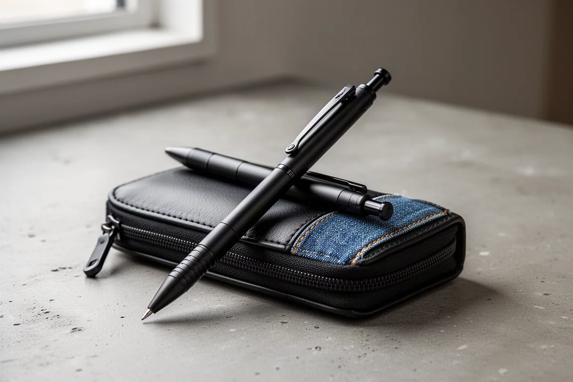 Black all-metal mechanical pencil balanced on a leather pen case