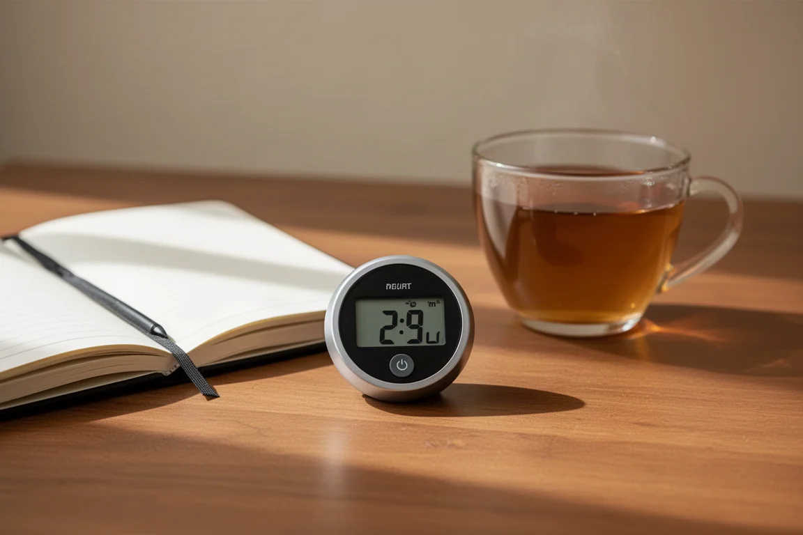 Runder digitaler Timer-Puck liegend mit dem Display nach oben auf einem Holzschreibtisch neben einem Notizbuch