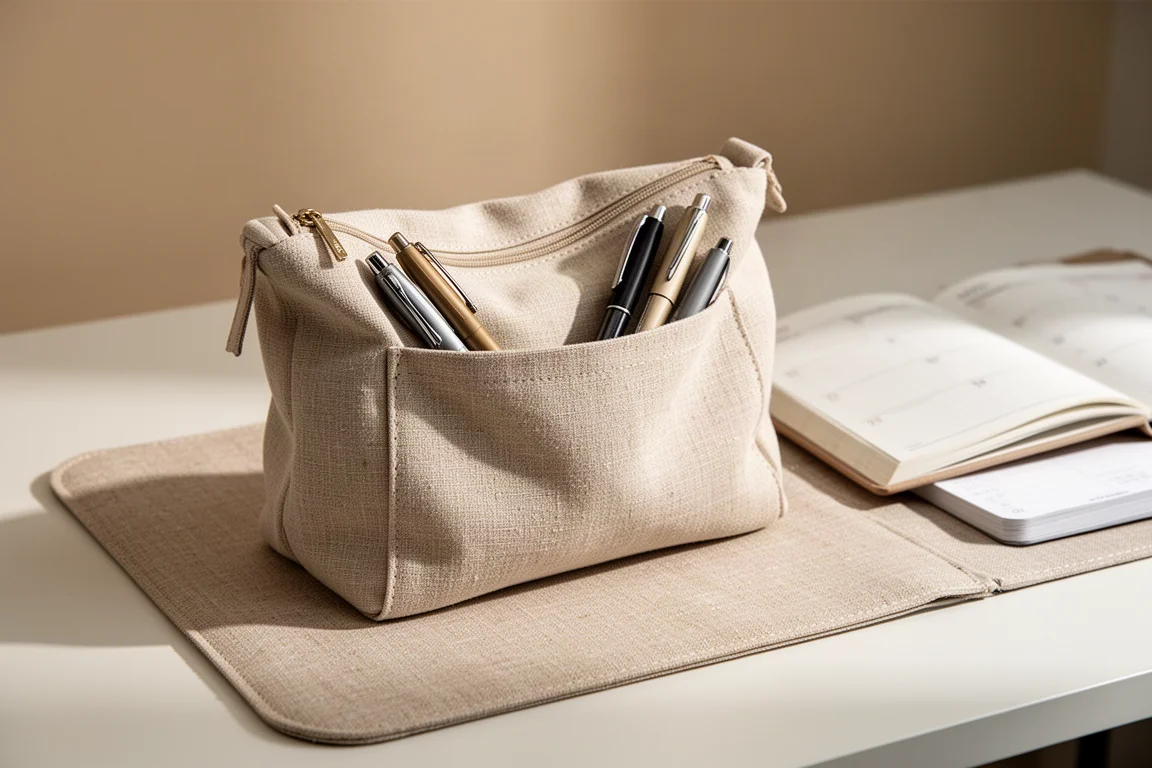 Bequeme Stoff-Stiftehülle mit geräumiger Vordertasche, gefüllt mit Schreibwerkzeug