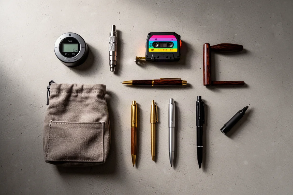 Flat-lay di otto articoli di cancelleria tra cui un timer, penne, un metro a nastro e un astuccio su cemento