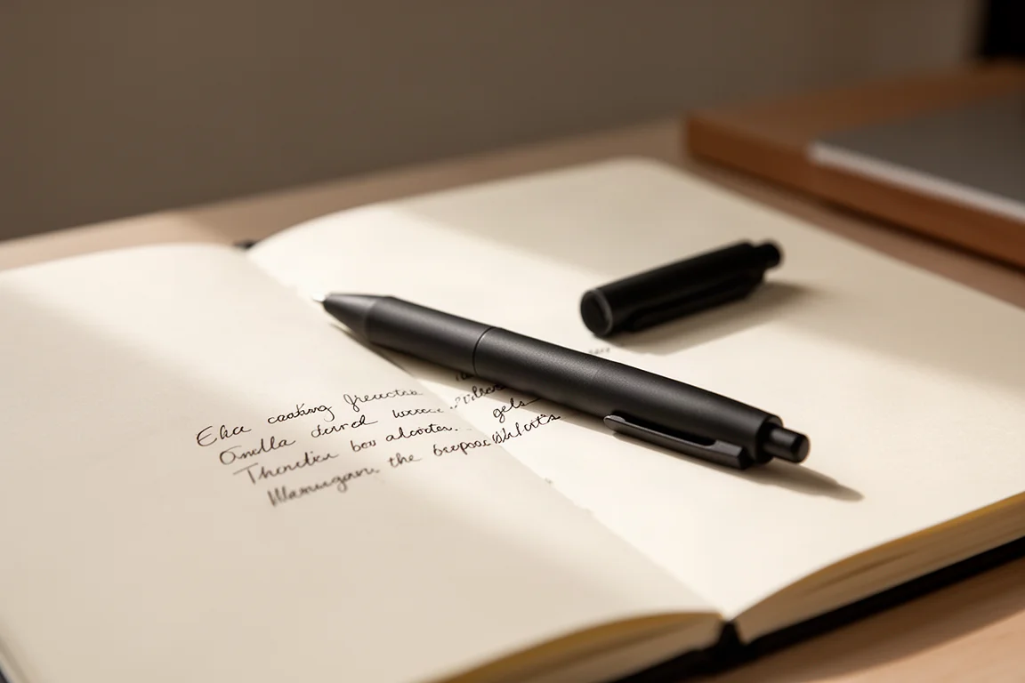 Gelschreiber auf einem aufgeschlagenen Notizbuch mit frischer Handschrift