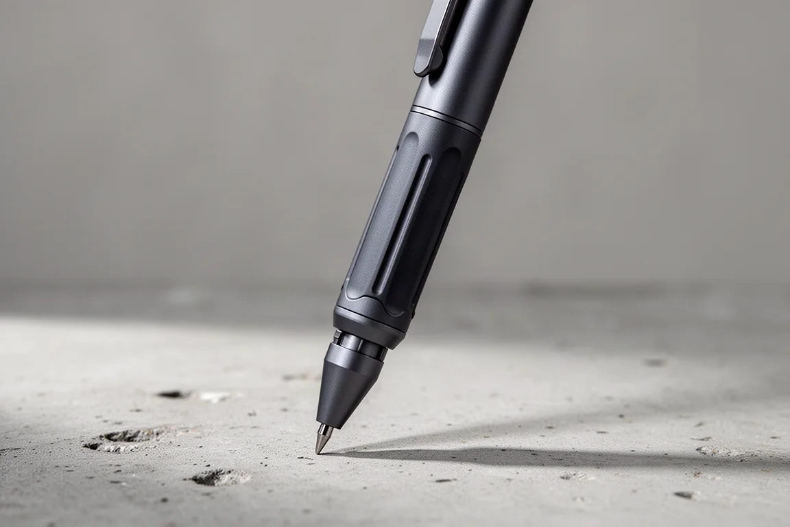 Druckbleistift aufrecht gehalten, integrierte Spitze und Griff sichtbar