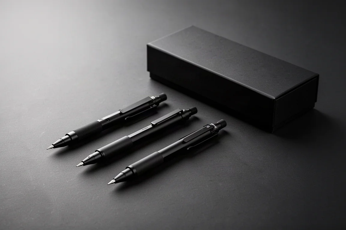 Komplett schwarzes Zeichenset neben seiner Präsentbox angeordnet
