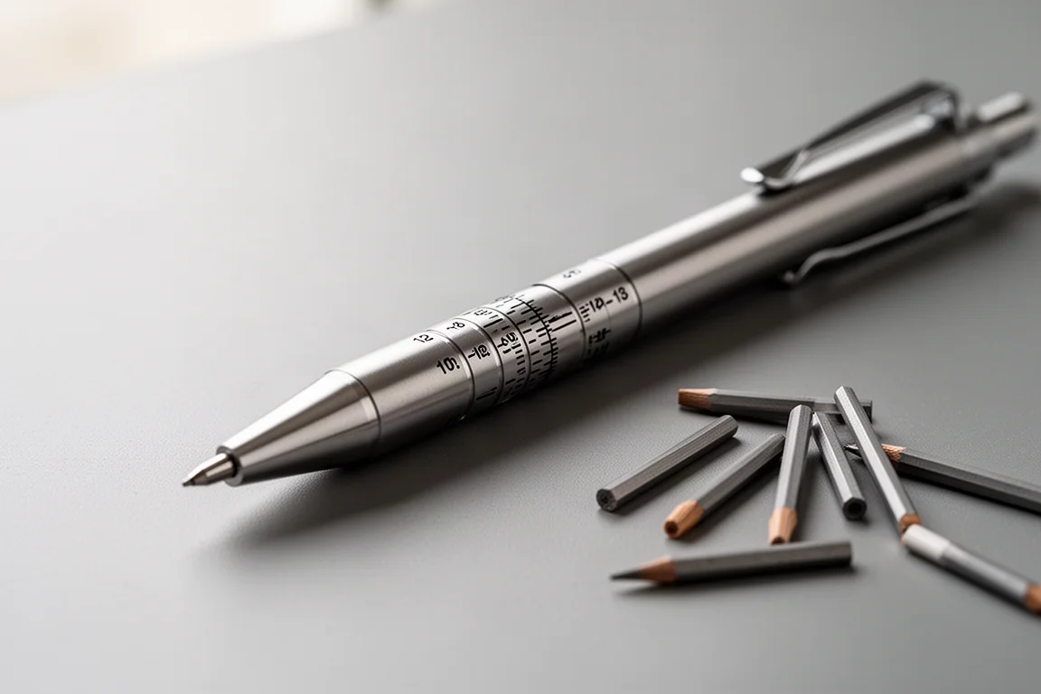 A mechanical pencil with a numbered dial barrel resting on a desk beside sharpened pencil leads