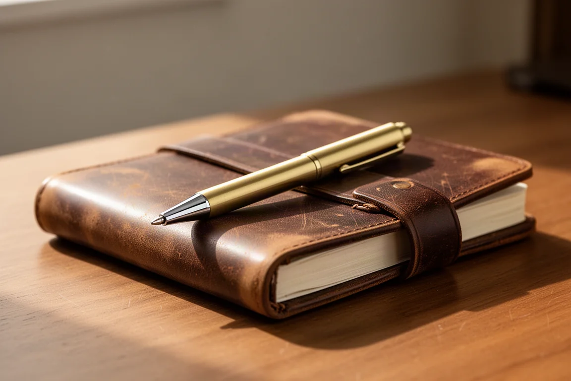 A brass-finish ballpoint pen resting on a worn leather notebook