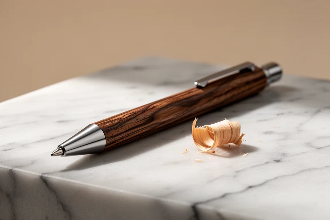 A wooden mechanical pencil with visible wood grain resting on a marble surface