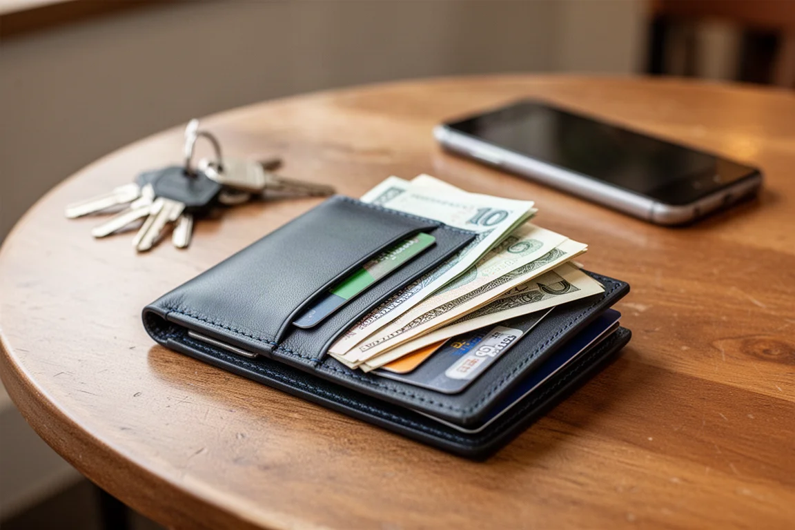 A compact leather wallet being opened on a cafe table with daily carry items nearby