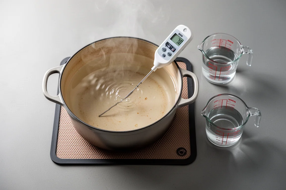Kochendes Wasser wird beim Wärmespeichertest aus einem Dutch Oven gegossen