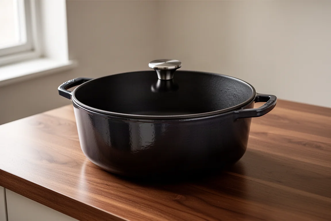 Enameled cast iron Dutch oven with flat lid and round knob on a wooden counter