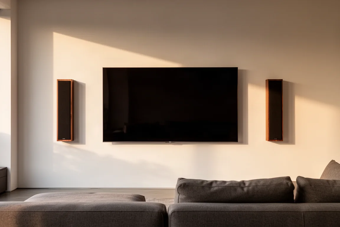 Salón minimalista con un televisor grande montado en la pared y altavoces finos de pared
