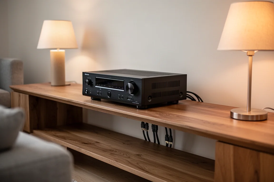 Receptor AV sobre un mueble de madera con cables ordenadamente canalizados