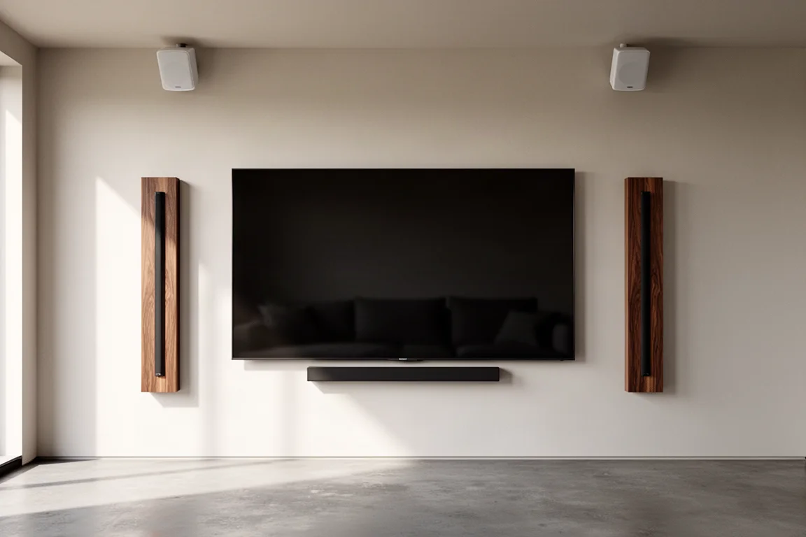 Living room wall with a large mounted TV flanked by walnut on-wall speakers