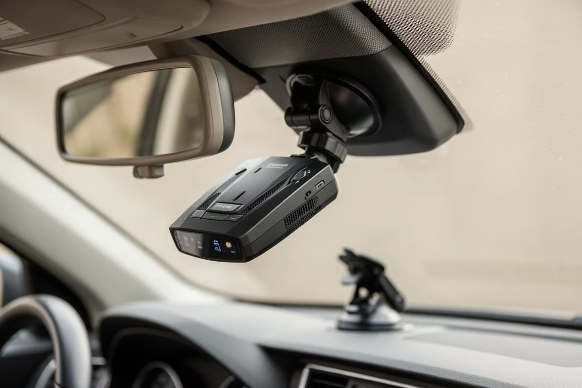 Radar detector mounted on a quick release mount attached to a windshield