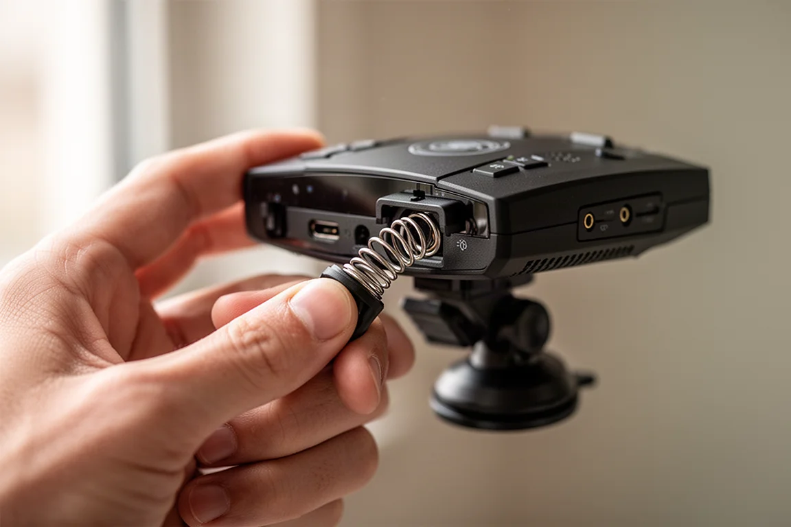 Close-up of a radar detector being released from a spring-loaded mount