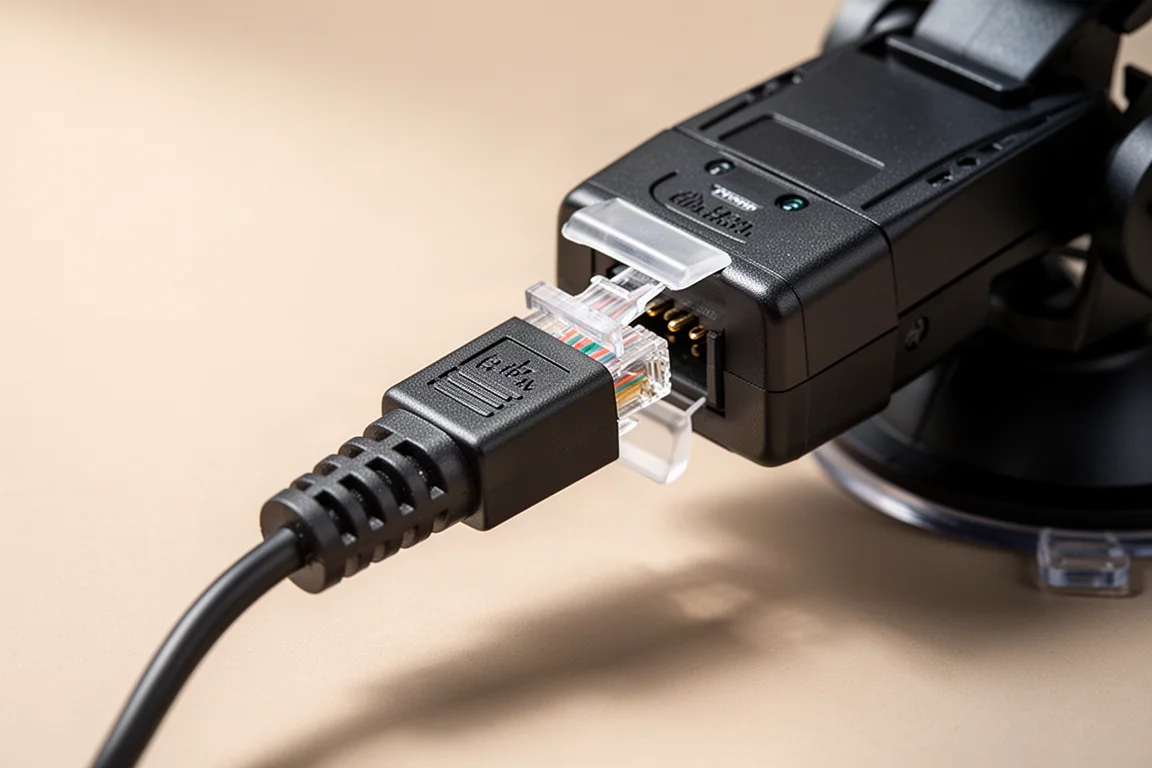 Radar detector adapter with RJ11 power cable connected to a mount coupler