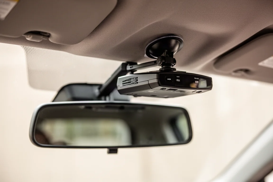 Radar detector mounted high near a car rearview mirror with a short extension bar