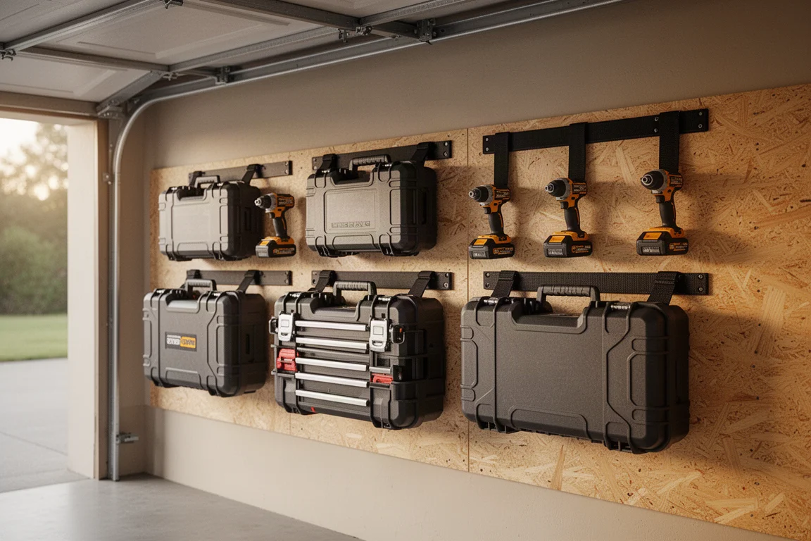 Parete del laboratorio con casse per attrezzi e batterie appese in modo ordinato su cleat montati