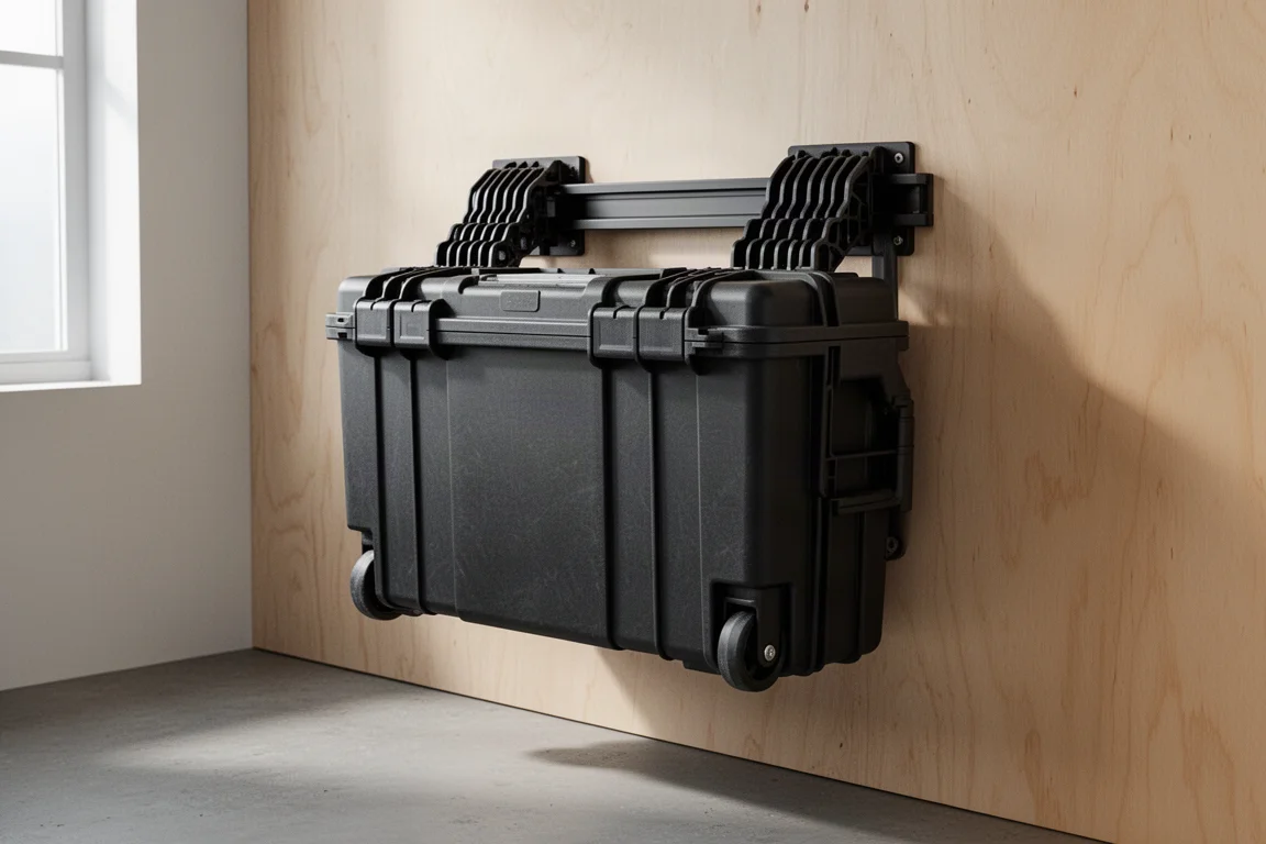 Rolling tool storage case hanging on black nylon wall cleats in a workshop