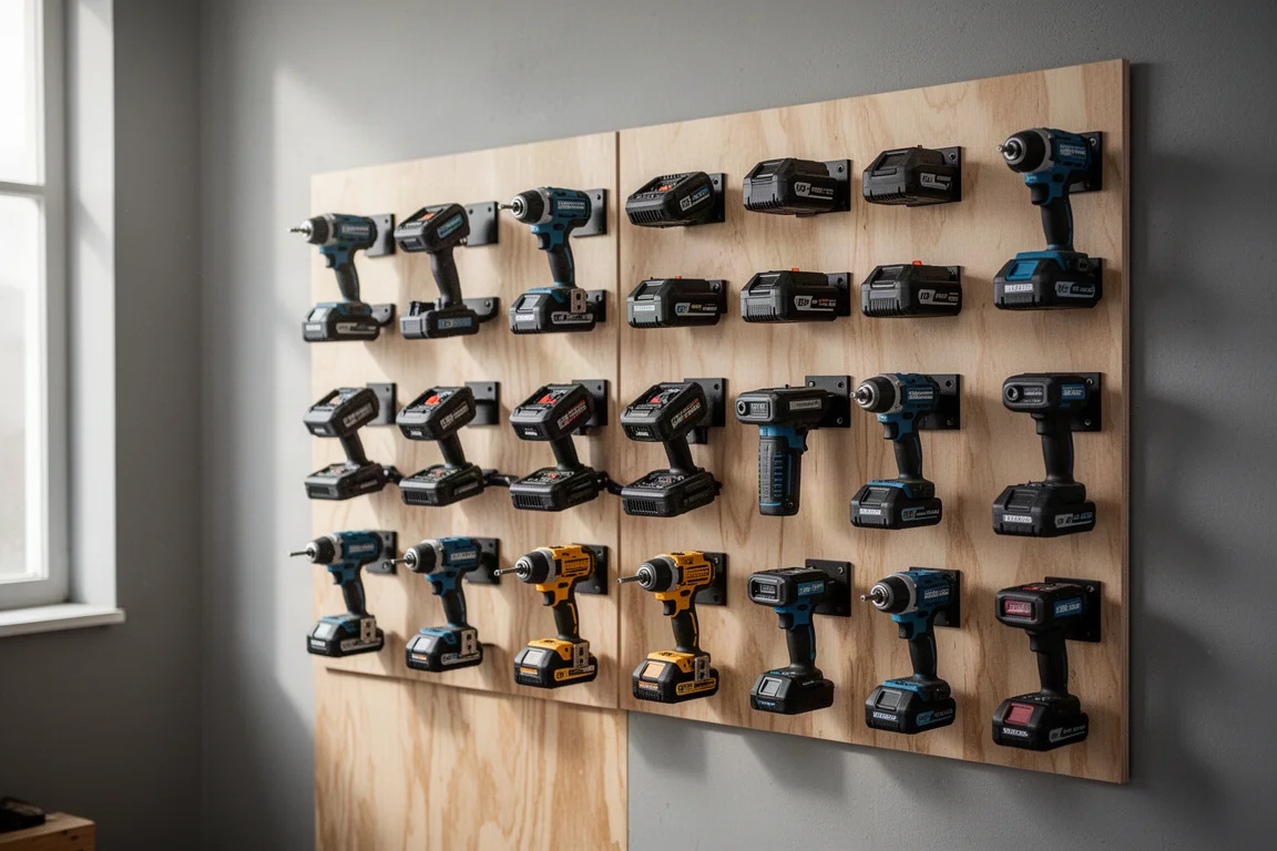 Workshop wall with rows of power tool batteries and tools organized on mounted brackets
