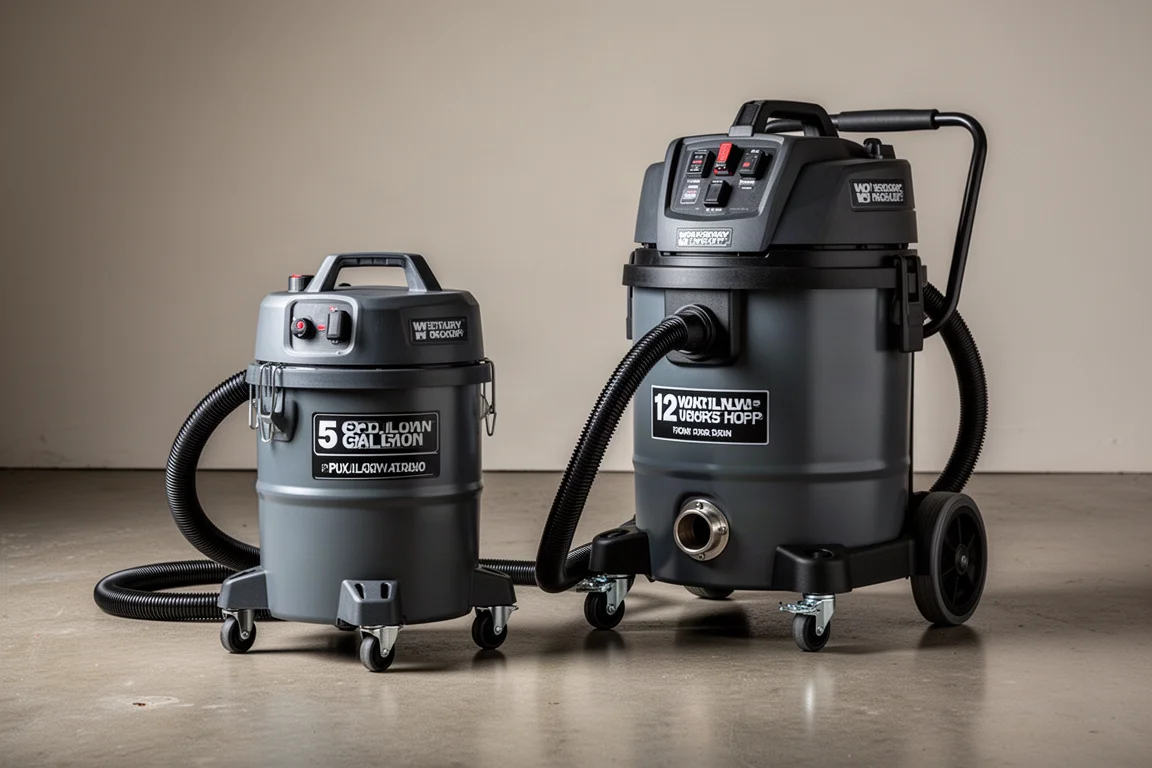 Two wet/dry workshop vacuums side by side on a concrete floor