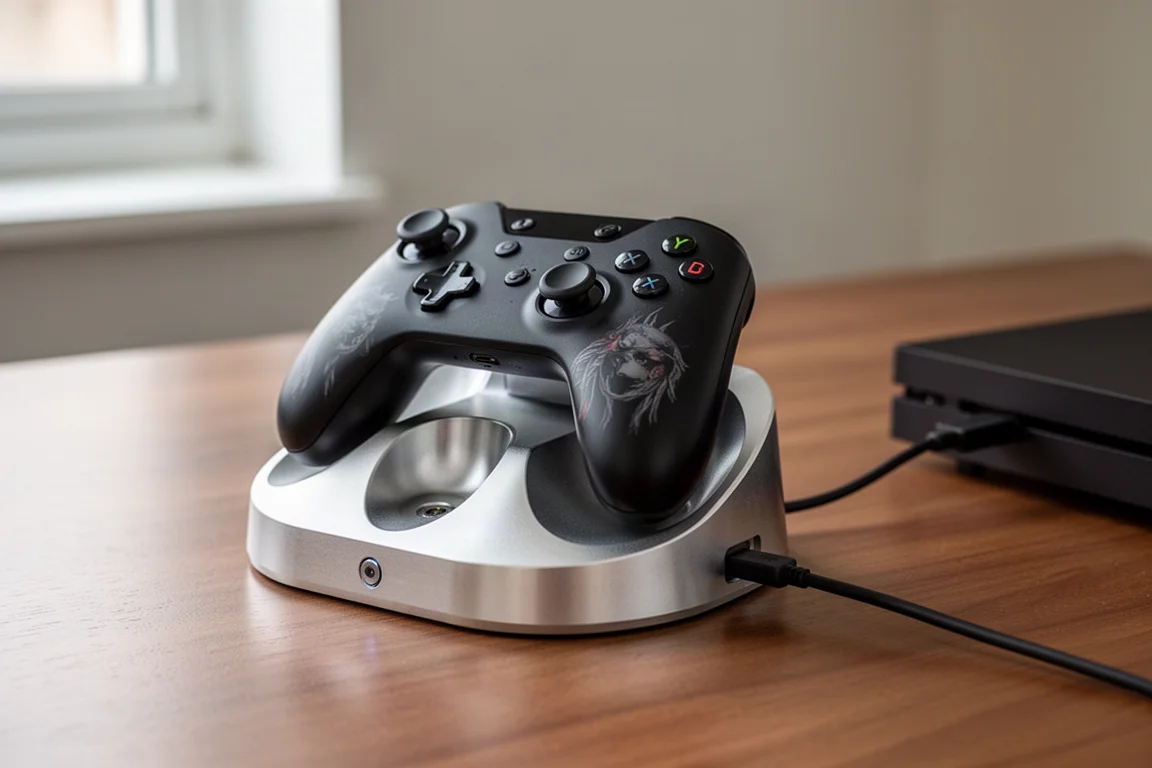 アルミニウム製充電スタンドにドッキングされ、USBケーブルが接続されたSteamコントローラーのクローズアップ