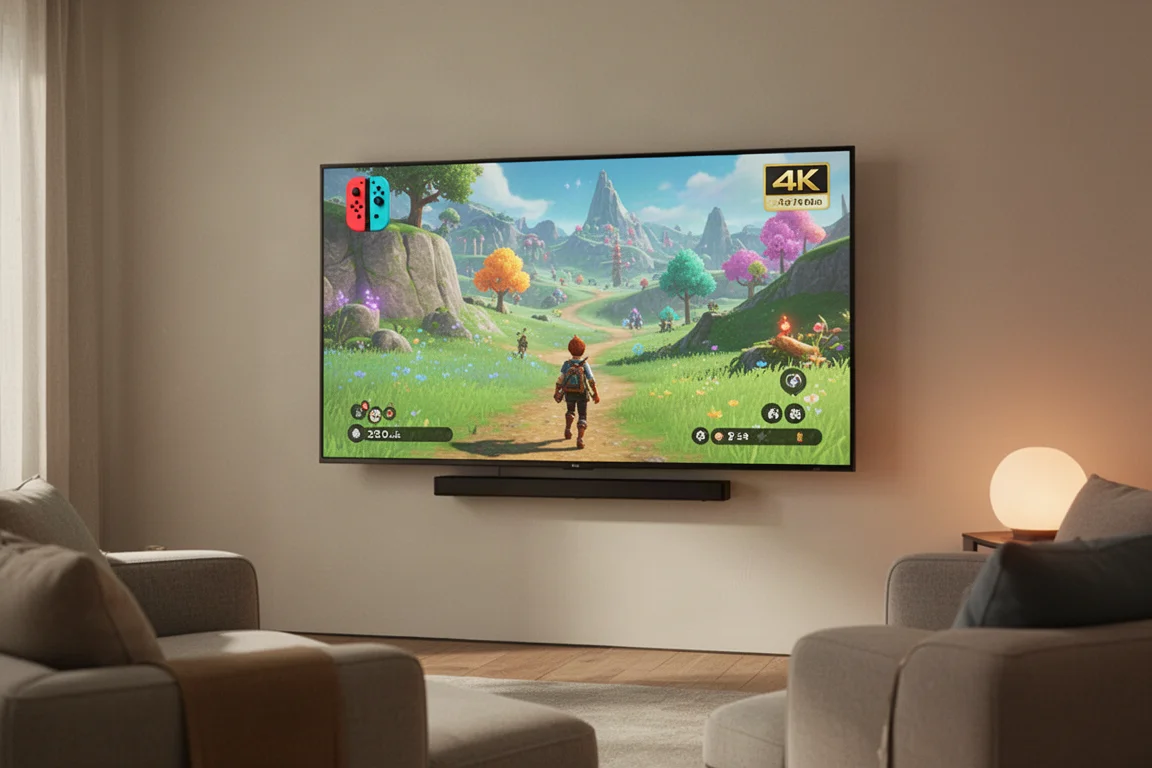 リビングルームの大型テレビで4K解像度で動作するNintendo Switchゲーム