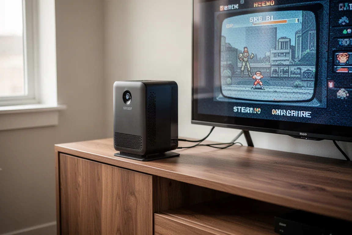 Steam Machine-konsol på en hylla ansluten till en TV som visar ett retropel