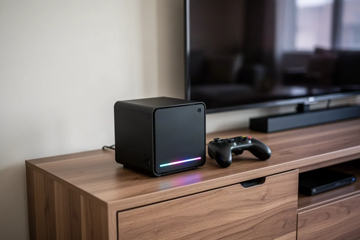 Compact black cube-shaped Steam Machine on an entertainment center with a TV in the background