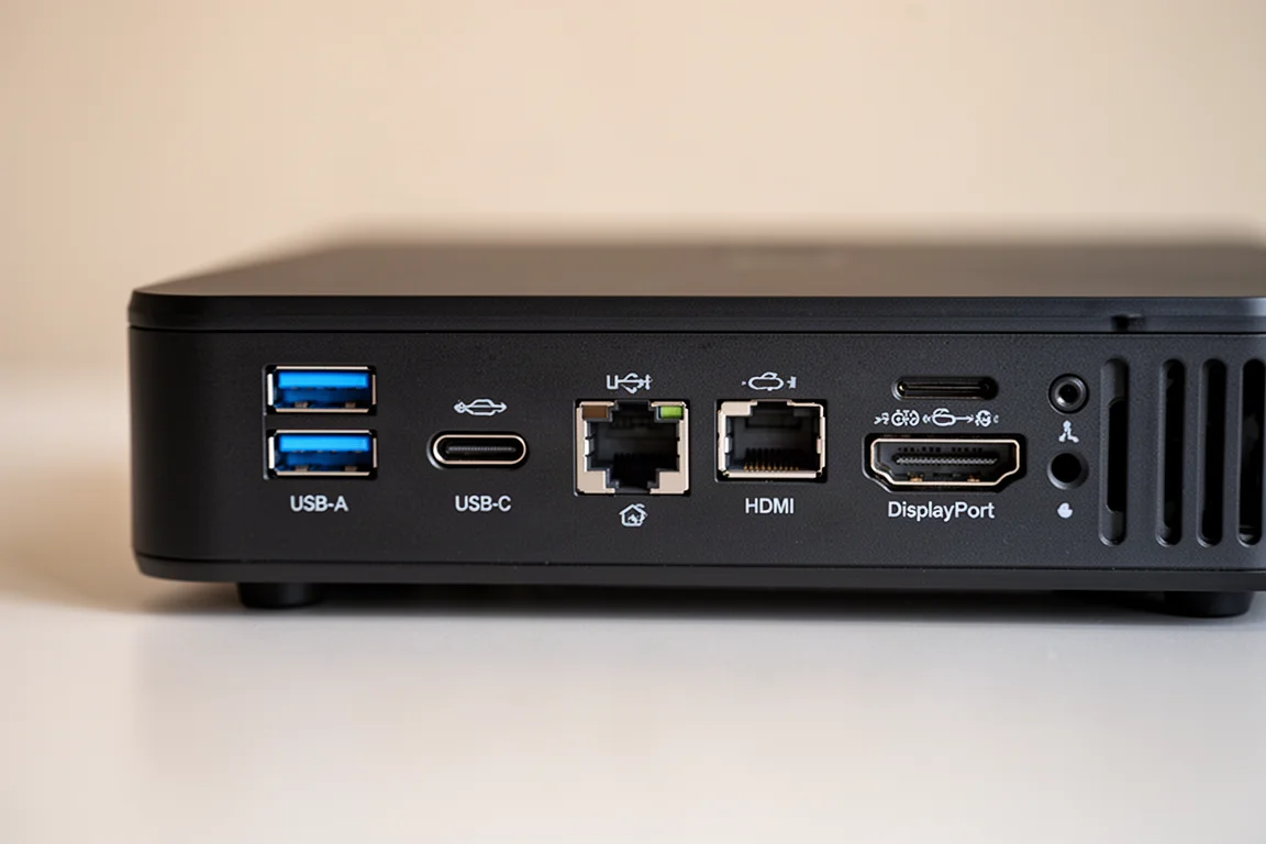 Close-up of the rear ports on a compact PC including USB, Ethernet, HDMI and DisplayPort