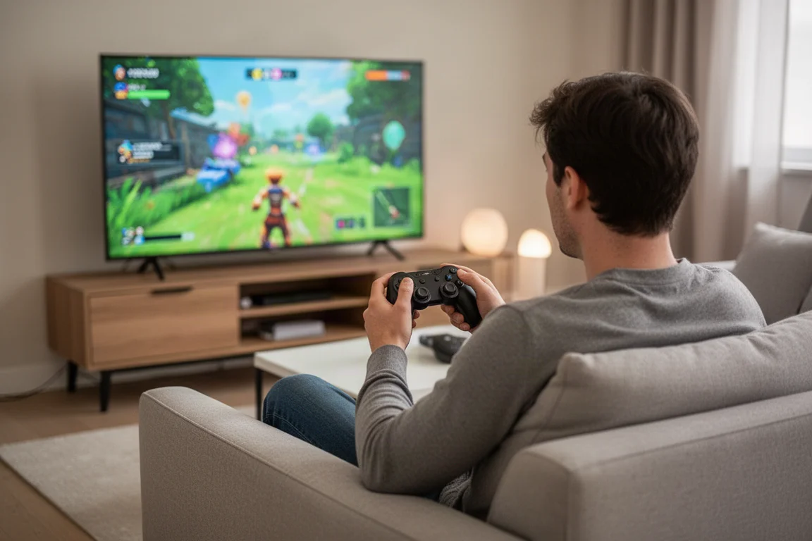 Person holding a game controller while sitting on a couch in front of a TV showing a game