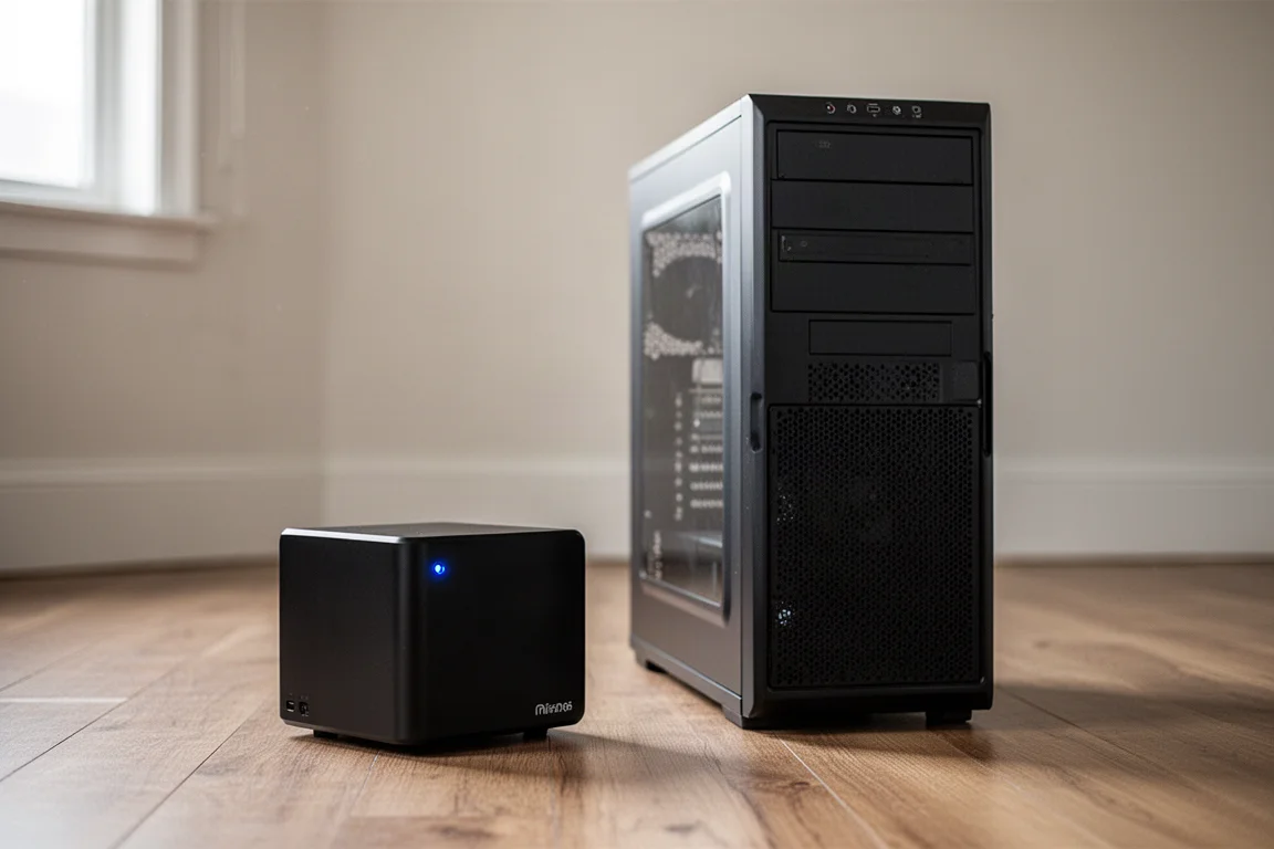 Small form factor PC and a larger desktop tower side by side showing size difference