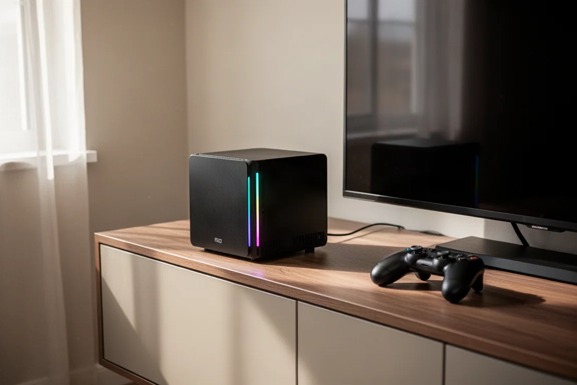 Kompakt svart kubformad Steam Machine på en TV-bänk med en TV i bakgrunden