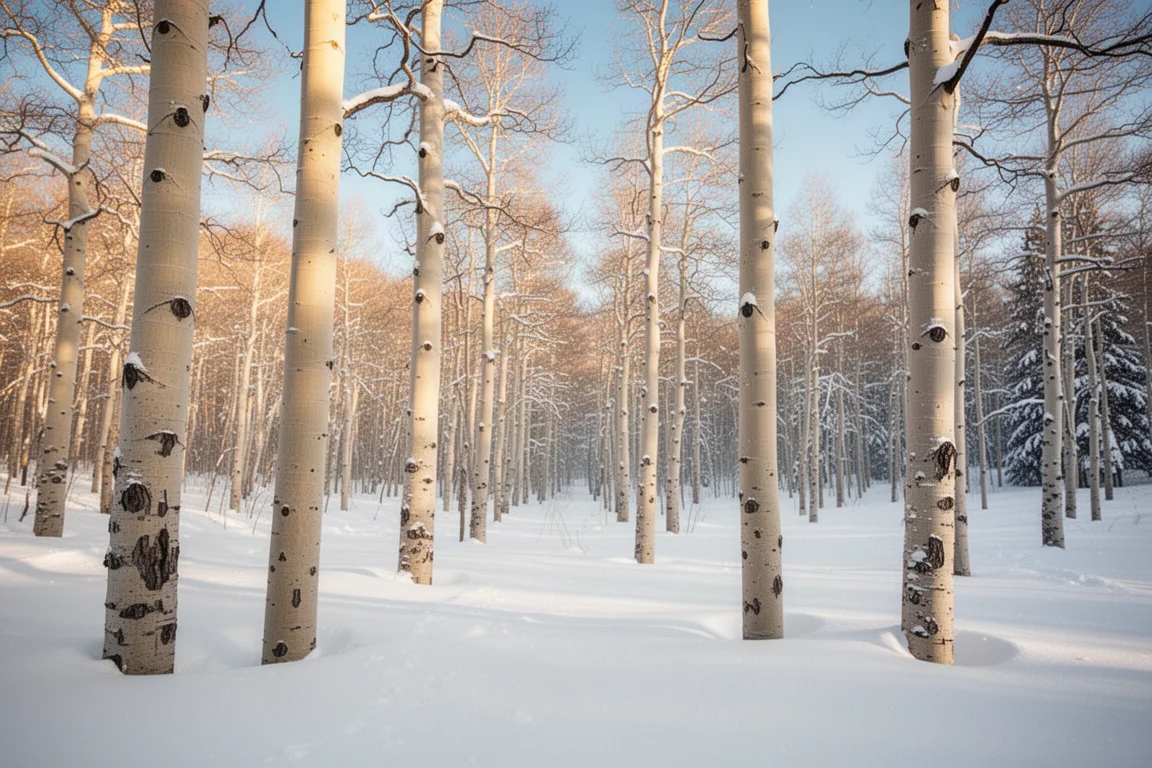 Bosque de álamos con nieve fresca en una ladera de Colorado
